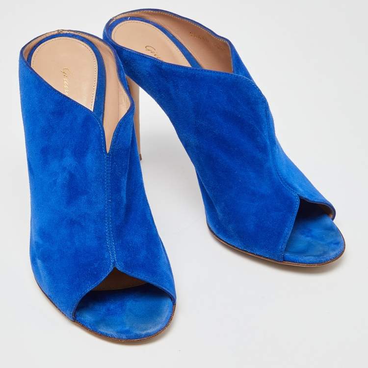 Pre Owned Gianvito Rossi Blue Suede Peep Toe Mules Size 39