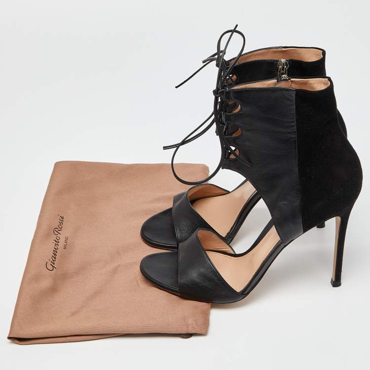 Pre Owned Gianvito Rossi Black Leather and Suede Lace Up Sandals Size 39