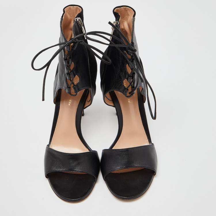 Pre Owned Gianvito Rossi Black Leather and Suede Lace Up Sandals Size 39