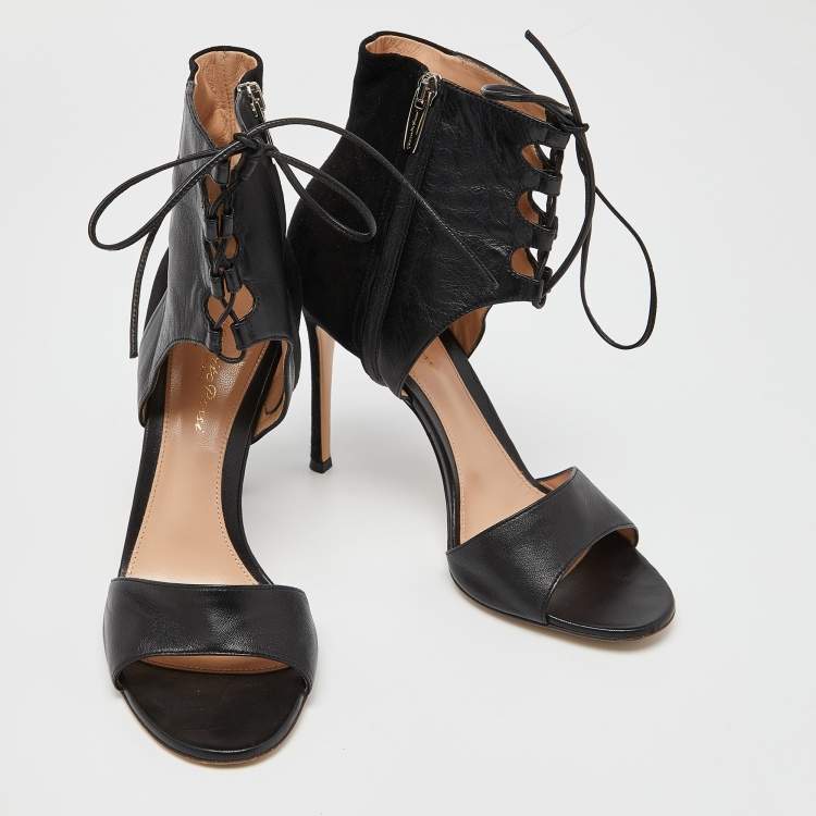Pre Owned Gianvito Rossi Black Leather and Suede Lace Up Sandals Size 39