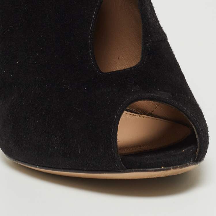 Pre Owned Gianvito Rossi Black Suede V-Neck Peep Toe Ankle Booties Size 37.5