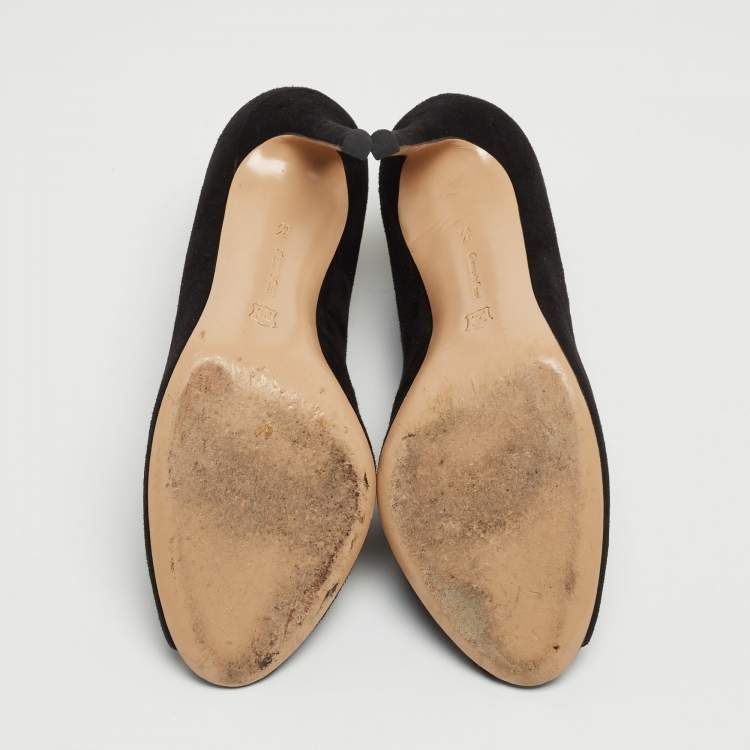 Pre Owned Gianvito Rossi Black Suede V-Neck Peep Toe Ankle Booties Size 37.5