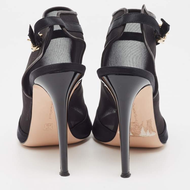 Pre Owned Gianvito Rossi Black Satin and Mesh Open Toe Cut Out Slingback Booties Size 40