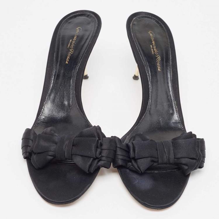 Pre Owned Gianvito Rossi Black Pleated Satin Bow Slide Sandals Size 41