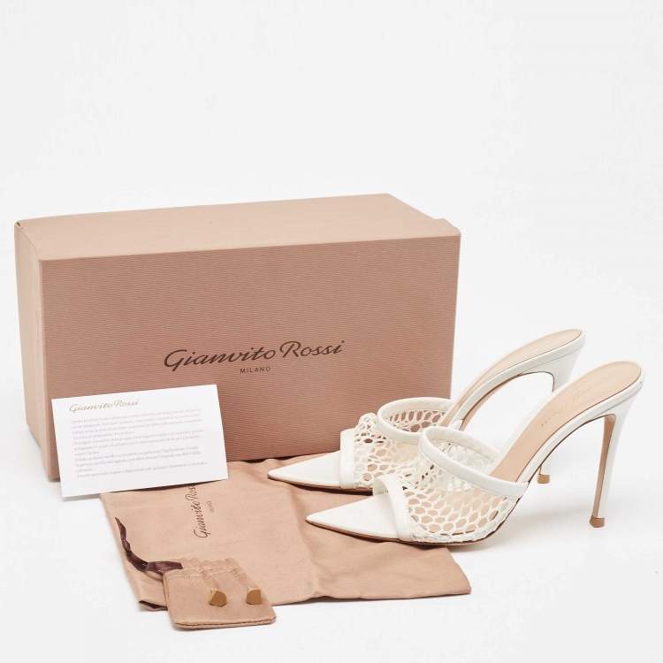 Pre Owned Gianvito Rossi White Mesh And Leather Honeycomb Open Toe Mules Size 39