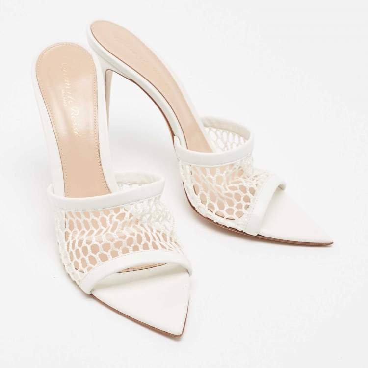 Pre Owned Gianvito Rossi White Mesh And Leather Honeycomb Open Toe Mules Size 39