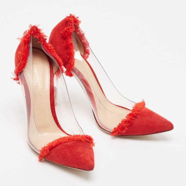 Pre Owned Gianvito Rossi Red Suede and PVC Plexi Pumps Size 37.5