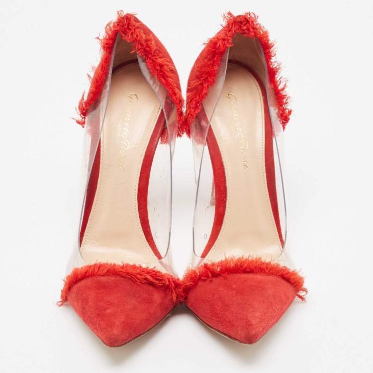 Pre Owned Gianvito Rossi Red Suede and PVC Plexi Pumps Size 37.5