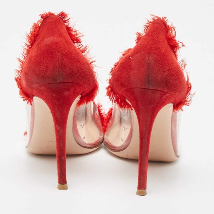 Pre Owned Gianvito Rossi Red Suede and PVC Plexi Pumps Size 37.5