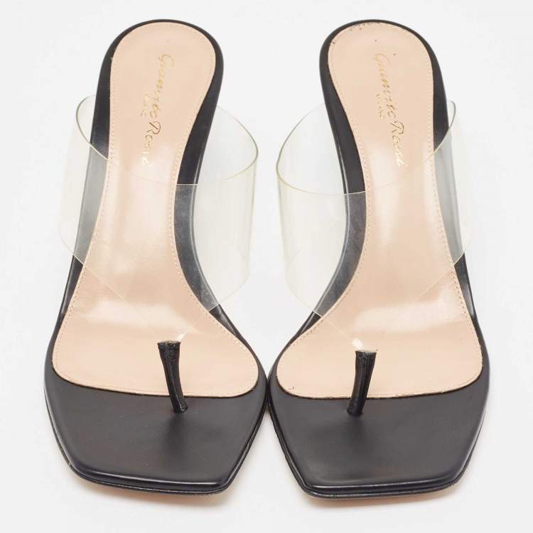 Pre Owned Gianvito Rossi Black Leather and PVC Thong Slide Sandals Size 38.5