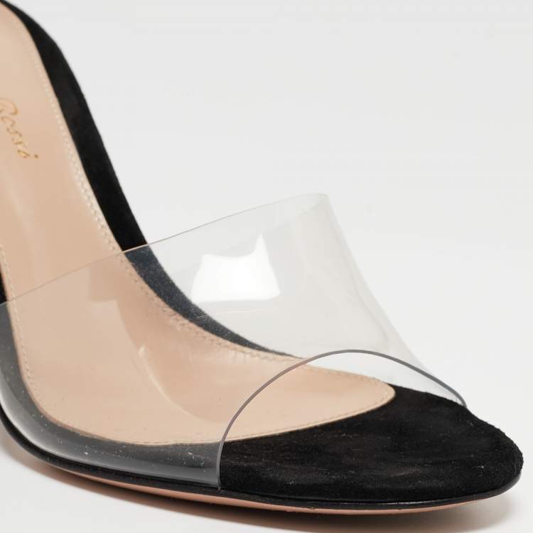 Pre Owned Gianvito Rossi Black PVC and Suede Open Toe Block Heel Slide Sandals Size 36