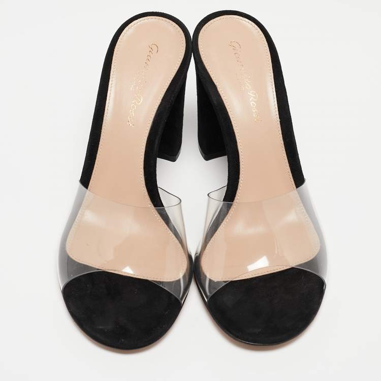 Pre Owned Gianvito Rossi Black PVC and Suede Open Toe Block Heel Slide Sandals Size 36