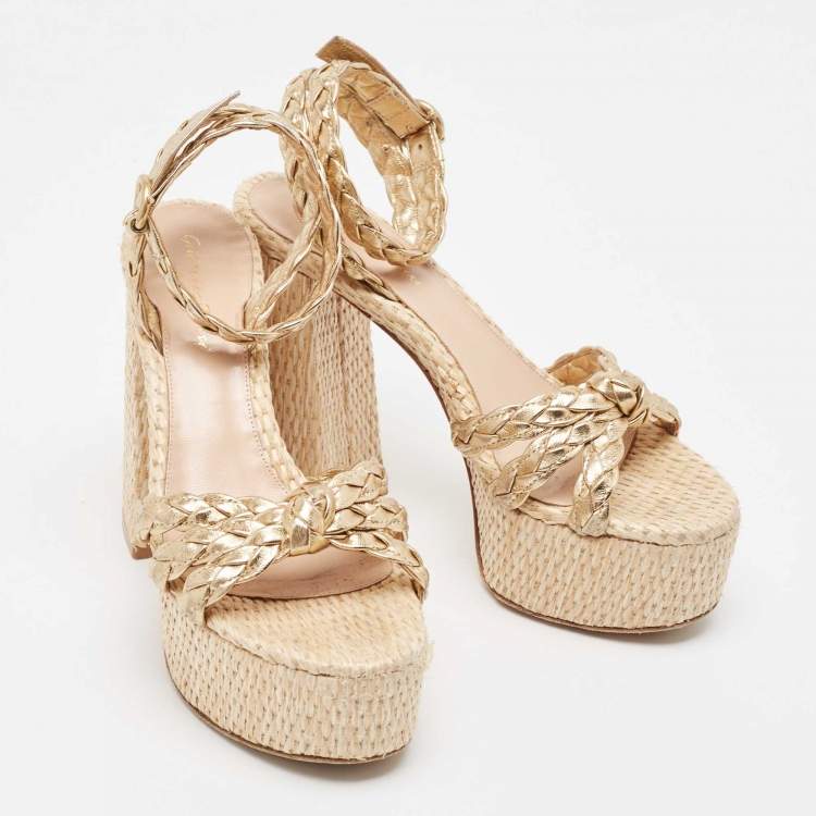 Pre Owned Gianvito Rossi Metallic Gold Leather Braided Accents Ankle Strap Sandals Size 37