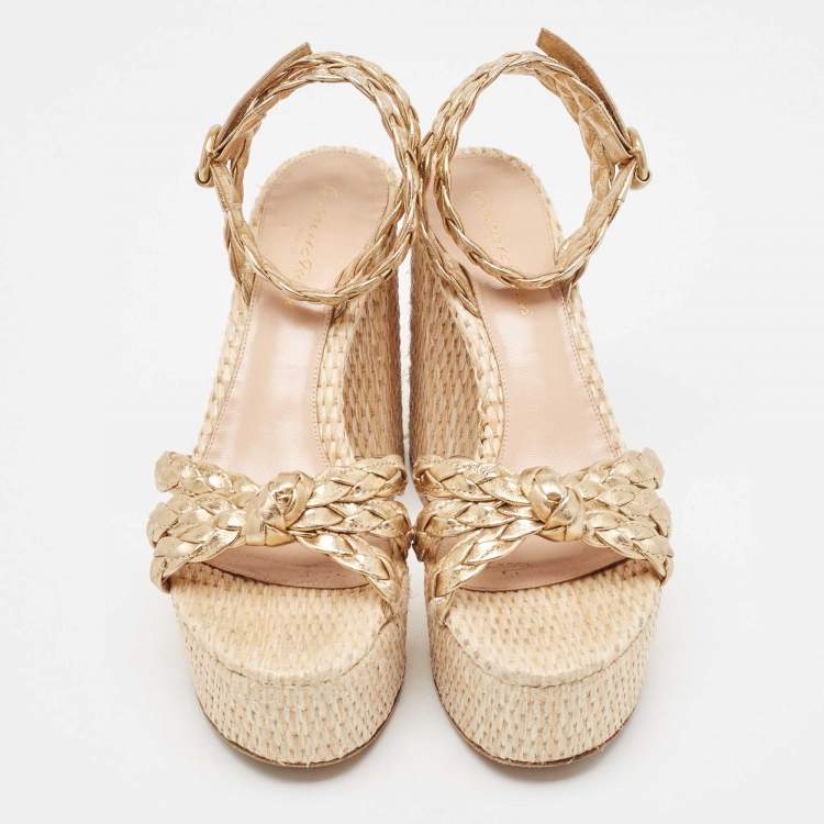 Pre Owned Gianvito Rossi Metallic Gold Leather Braided Accents Ankle Strap Sandals Size 37
