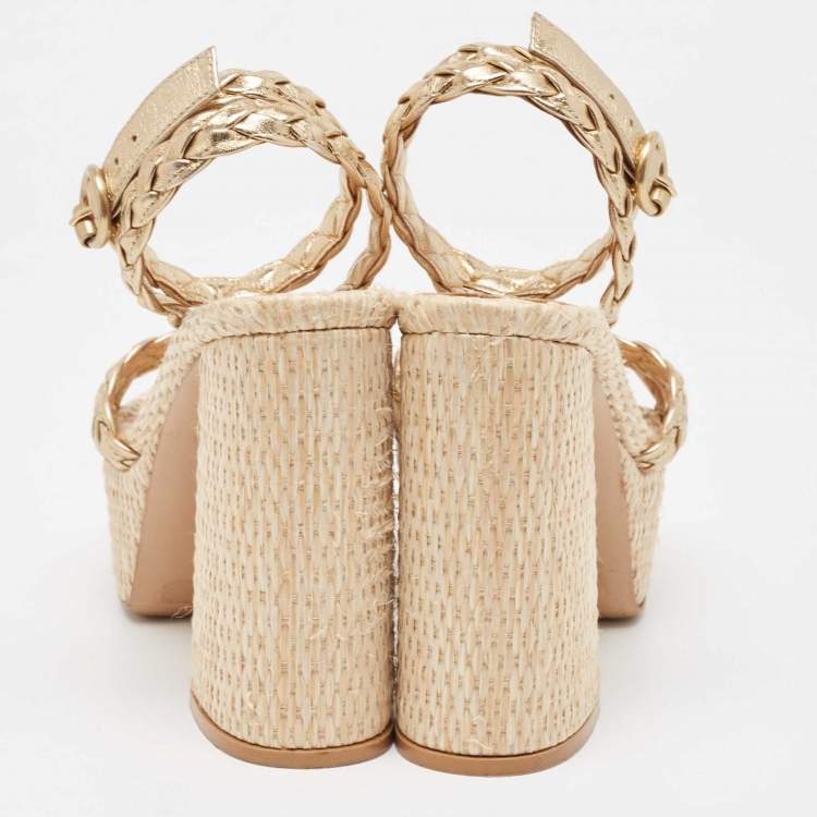 Pre Owned Gianvito Rossi Metallic Gold Leather Braided Accents Ankle Strap Sandals Size 37