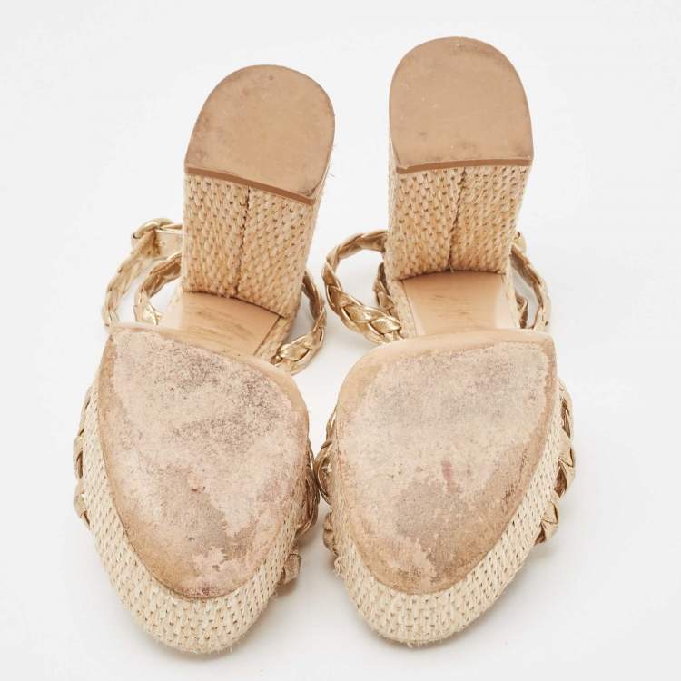 Pre Owned Gianvito Rossi Metallic Gold Leather Braided Accents Ankle Strap Sandals Size 37