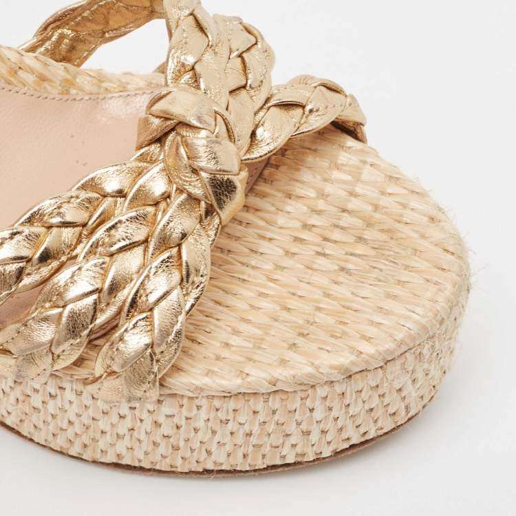 Pre Owned Gianvito Rossi Metallic Gold Leather Braided Accents Ankle Strap Sandals Size 37