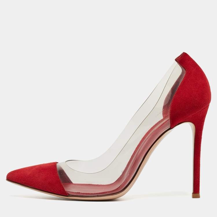 Pre Owned Gianvito Rossi Red Suede and PVC Plexi Pumps Size 38.5