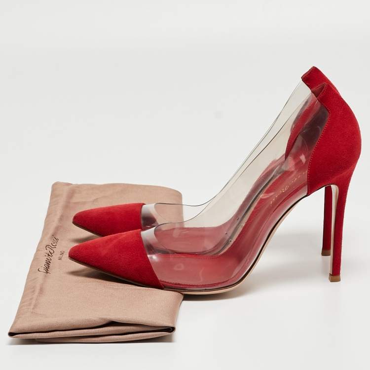 Pre Owned Gianvito Rossi Red Suede and PVC Plexi Pumps Size 38.5