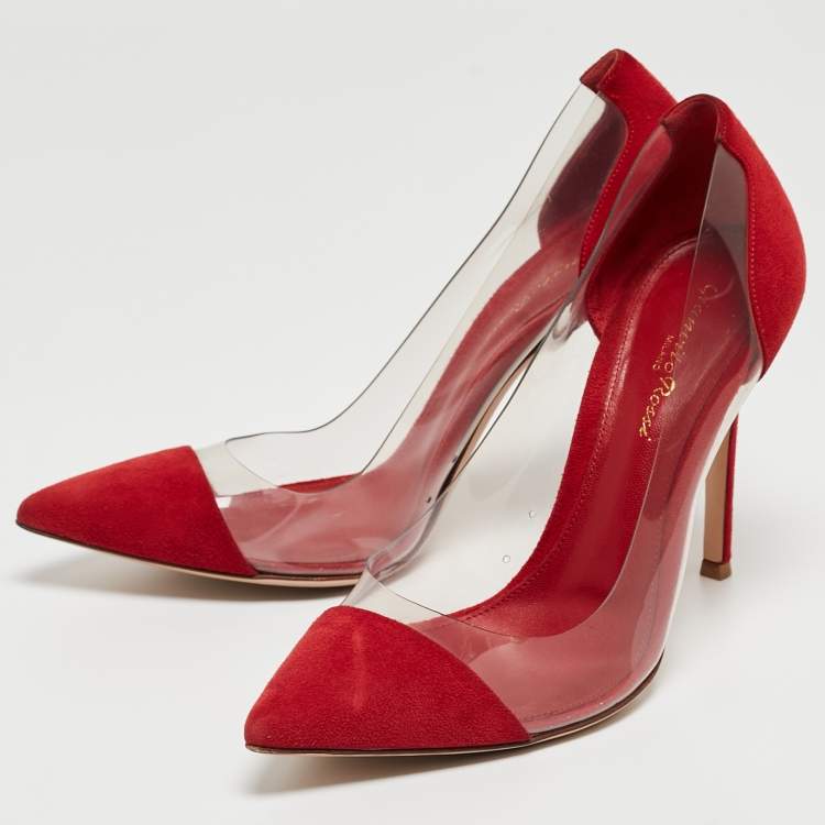 Pre Owned Gianvito Rossi Red Suede and PVC Plexi Pumps Size 38.5
