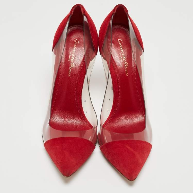 Pre Owned Gianvito Rossi Red Suede and PVC Plexi Pumps Size 38.5