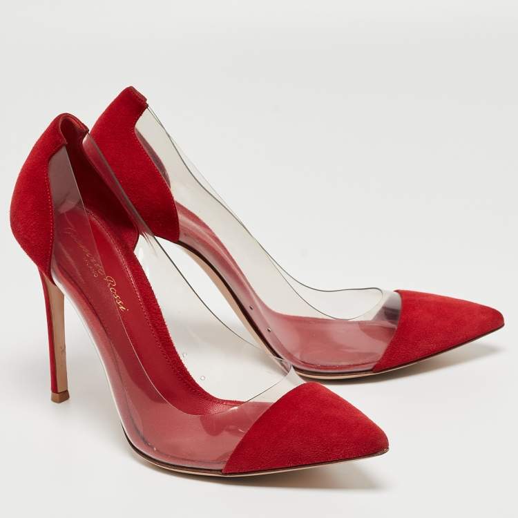 Pre Owned Gianvito Rossi Red Suede and PVC Plexi Pumps Size 38.5