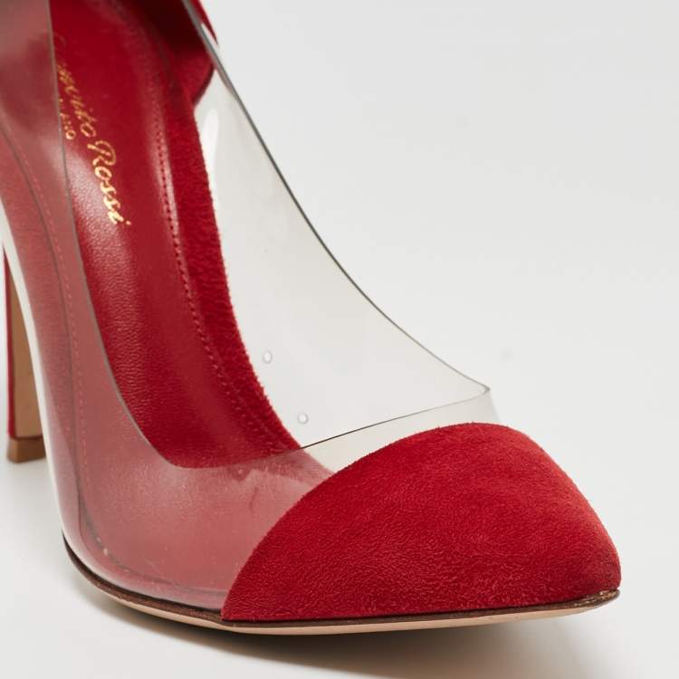 Pre Owned Gianvito Rossi Red Suede and PVC Plexi Pumps Size 38.5
