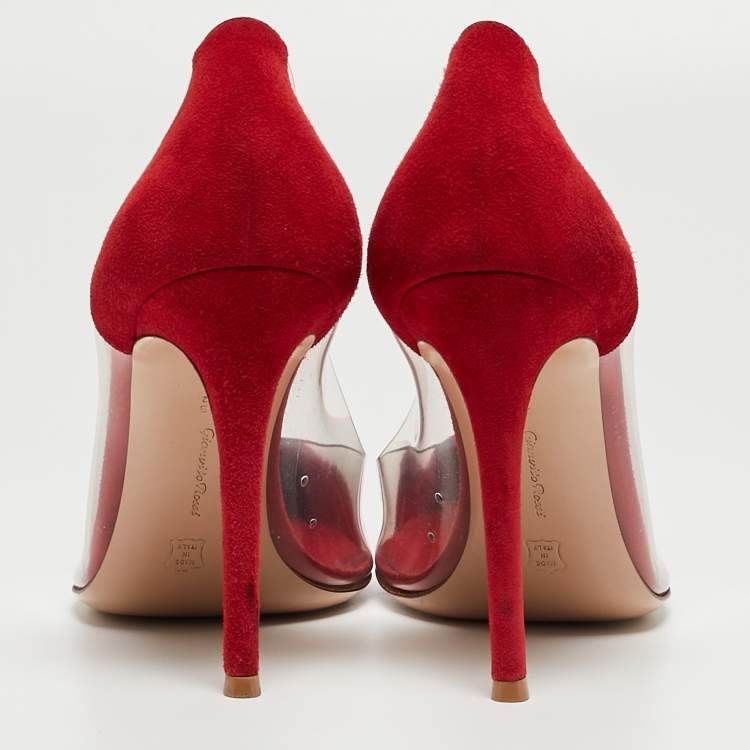 Pre Owned Gianvito Rossi Red Suede and PVC Plexi Pumps Size 38.5