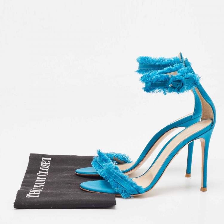 Pre Owned Gianvito Rossi Blue Satin Caribe Open Toe Ankle Cuff Sandals Size 38