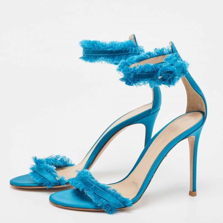 Pre Owned Gianvito Rossi Blue Satin Caribe Open Toe Ankle Cuff Sandals Size 38