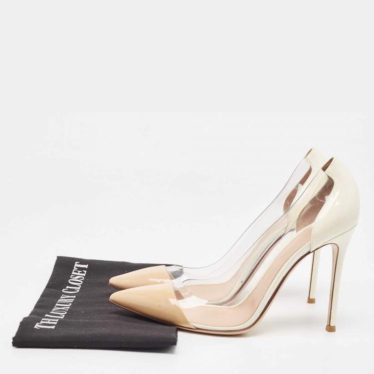 Pre Owned Gianvito Rossi Beige/White Patent Leather and PVC Plexi Pointed Toe Pumps Size 40