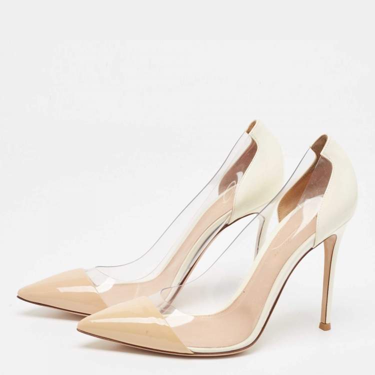 Pre Owned Gianvito Rossi Beige/White Patent Leather and PVC Plexi Pointed Toe Pumps Size 40