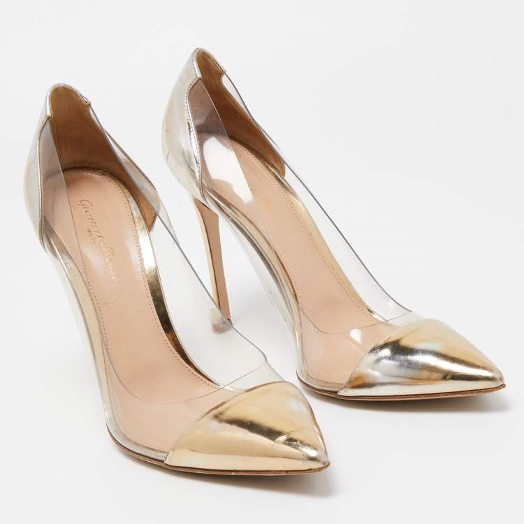 Pre Owned Gianvito Rossi Metallic Gold Foil Leather and PVC Plexi Pointed Toe Pumps Size 40