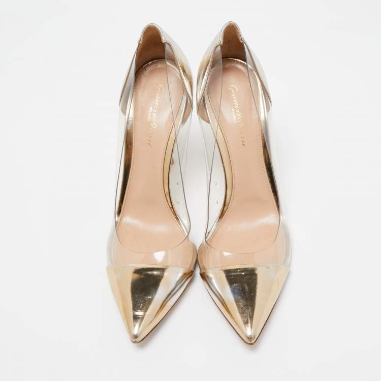 Pre Owned Gianvito Rossi Metallic Gold Foil Leather and PVC Plexi Pointed Toe Pumps Size 40