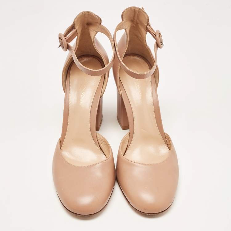 Pre Owned Gianvito Rossi Beige Leather Ankle Strap Block Heel Pumps Size 40