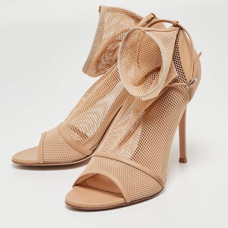 Pre Owned Gianvito Rossi Beige Mesh and Leather Peep Toe Ankle Boots Size 40