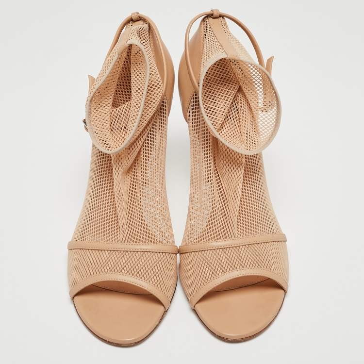 Pre Owned Gianvito Rossi Beige Mesh and Leather Peep Toe Ankle Boots Size 40