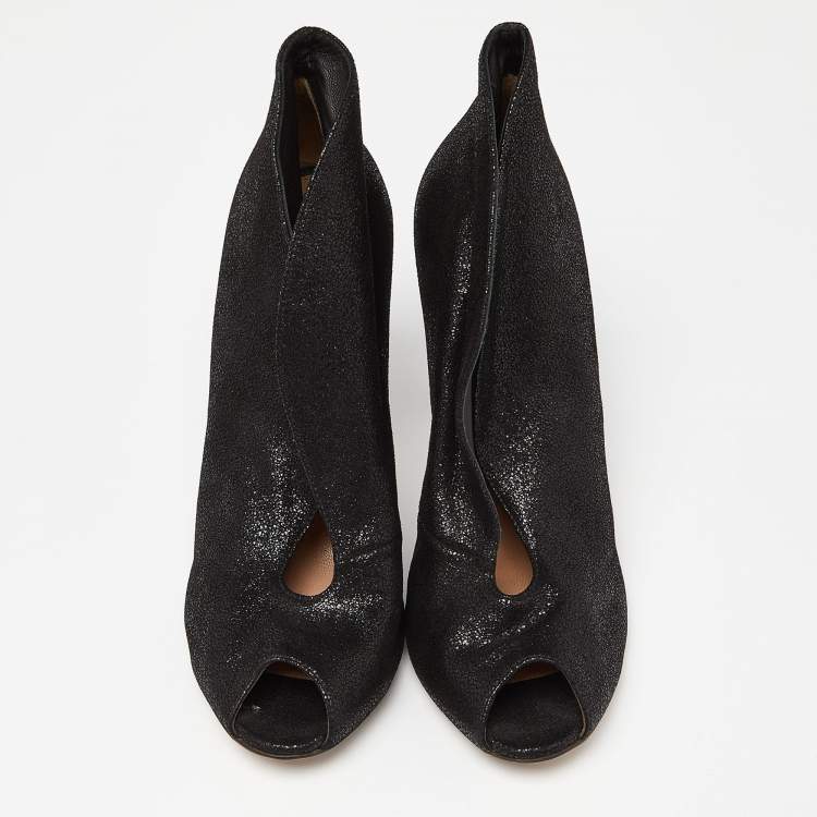 Pre Owned Gianvito Rossi Black Textured Suede Vamp Peep Toe Booties Size 39