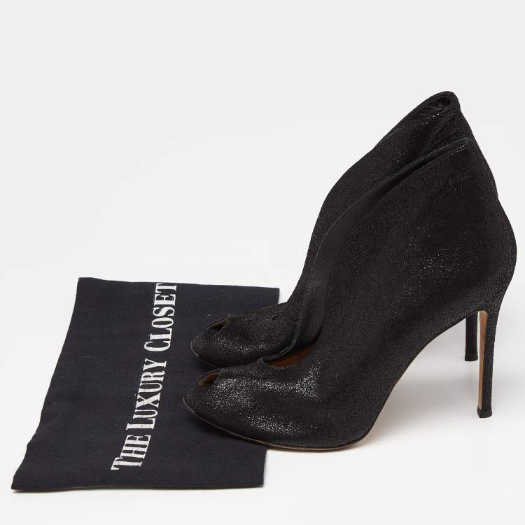 Pre Owned Gianvito Rossi Black Textured Suede Vamp Peep Toe Booties Size 39