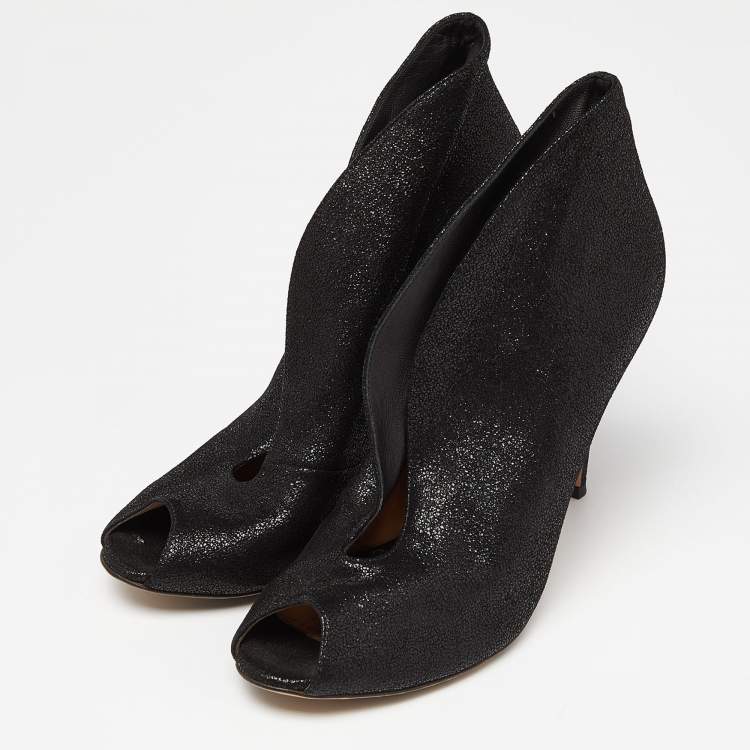 Pre Owned Gianvito Rossi Black Textured Suede Vamp Peep Toe Booties Size 39