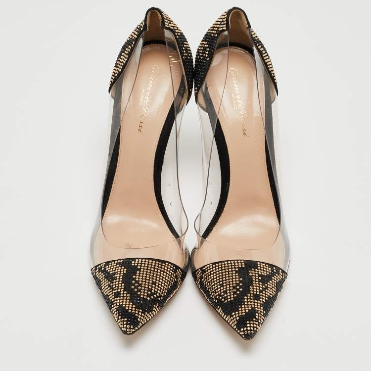 Pre Owned Gianvito Rossi Black/Transparent Polka Dot Fabric And PVC Plexi Pointed Toe Pumps Size 42