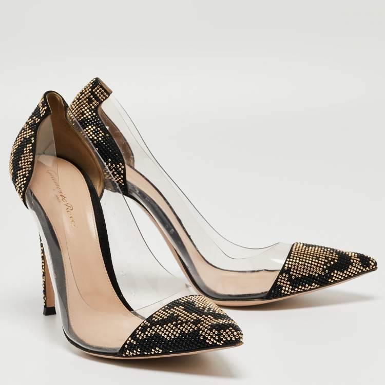 Pre Owned Gianvito Rossi Black/Transparent Polka Dot Fabric And PVC Plexi Pointed Toe Pumps Size 42