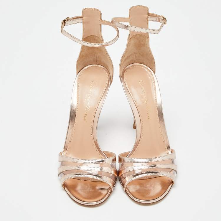 Pre Owned Gianvito Rossi Rose Gold Mirror Leather and PVC Ankle Strap Sandals Size 34