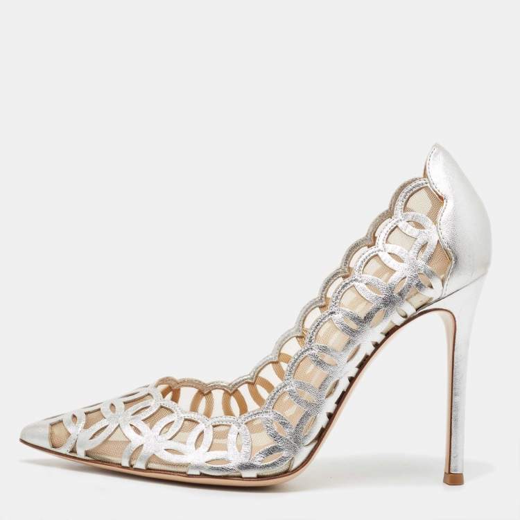Pre Owned Gianvito Rossi Sliver Mesh and Leather Maxine Laser Cut Pumps Size 38