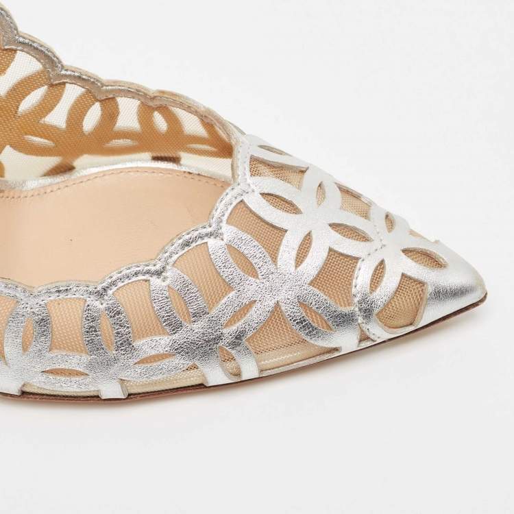 Pre Owned Gianvito Rossi Sliver Mesh and Leather Maxine Laser Cut Pumps Size 38