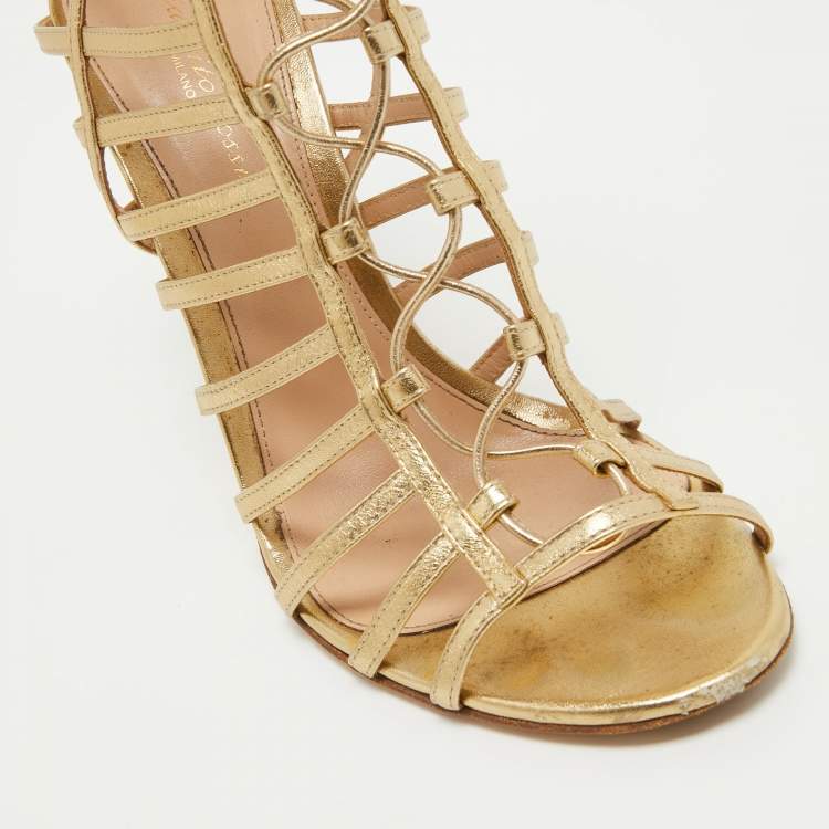 Pre Owned Gianvito Rossi Gold Leather Strappy Lace Up Sandals Size 41