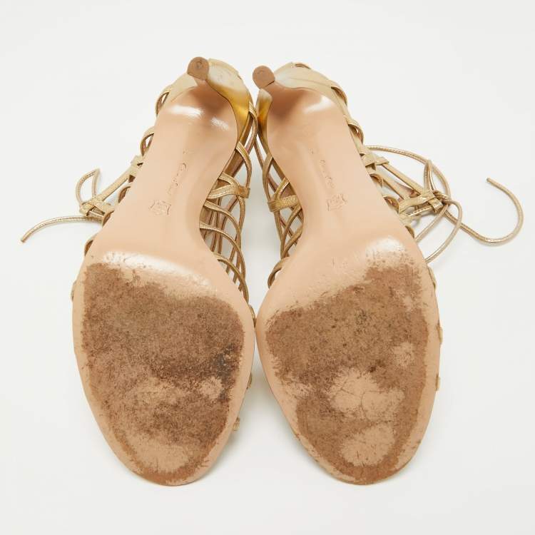 Pre Owned Gianvito Rossi Gold Leather Strappy Lace Up Sandals Size 41
