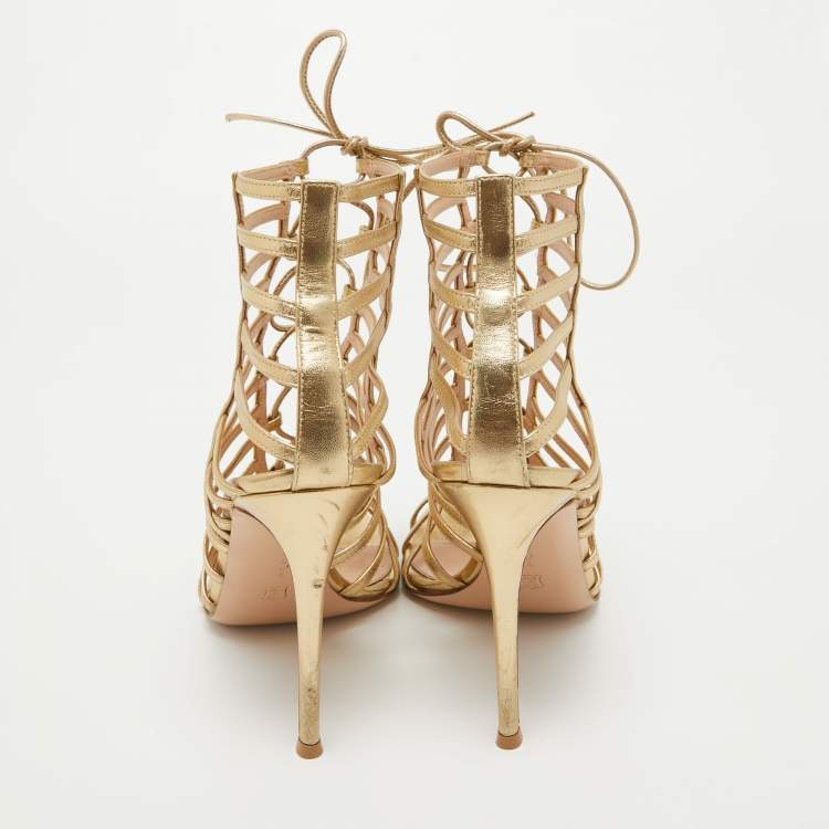 Pre Owned Gianvito Rossi Gold Leather Strappy Lace Up Sandals Size 41
