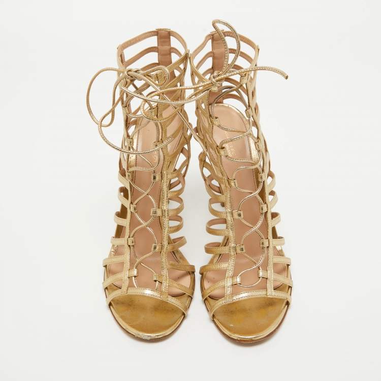 Pre Owned Gianvito Rossi Gold Leather Strappy Lace Up Sandals Size 41