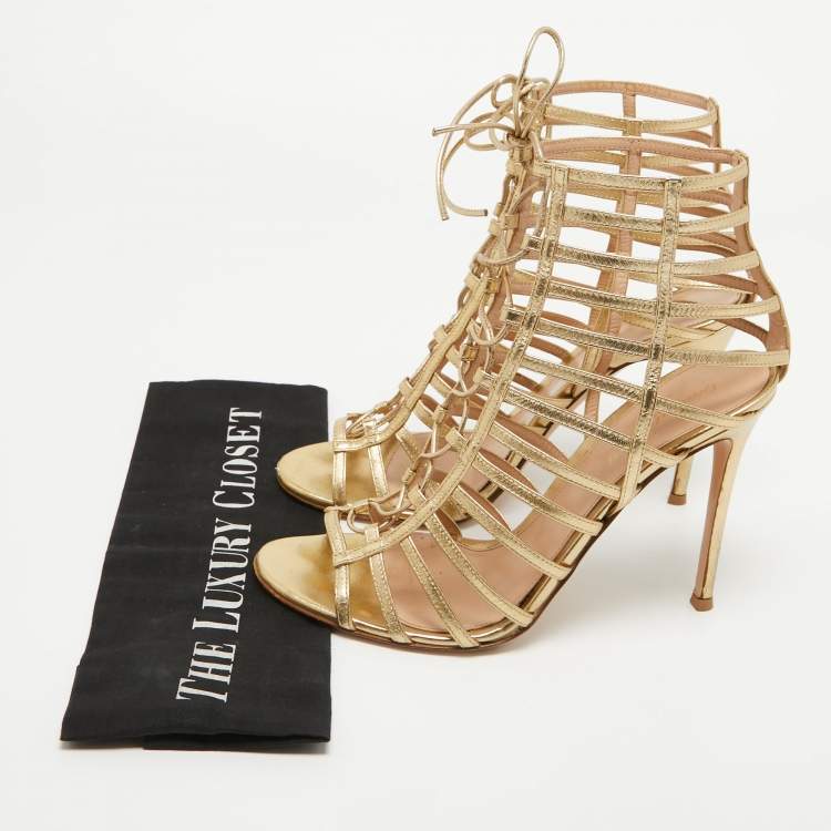 Pre Owned Gianvito Rossi Gold Leather Strappy Lace Up Sandals Size 41